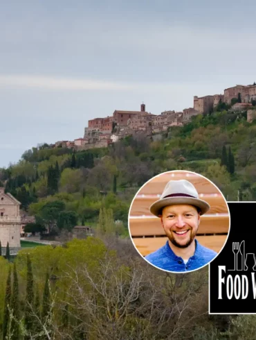 Montepulciano in Tuscany plus Kevin Day and the Food Wine Whiskey Podcast logo