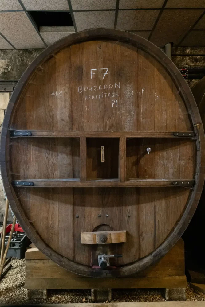 A foudre cask in Bouzeron, France used in the making of Aligoté wine at Domaine de Villaine.