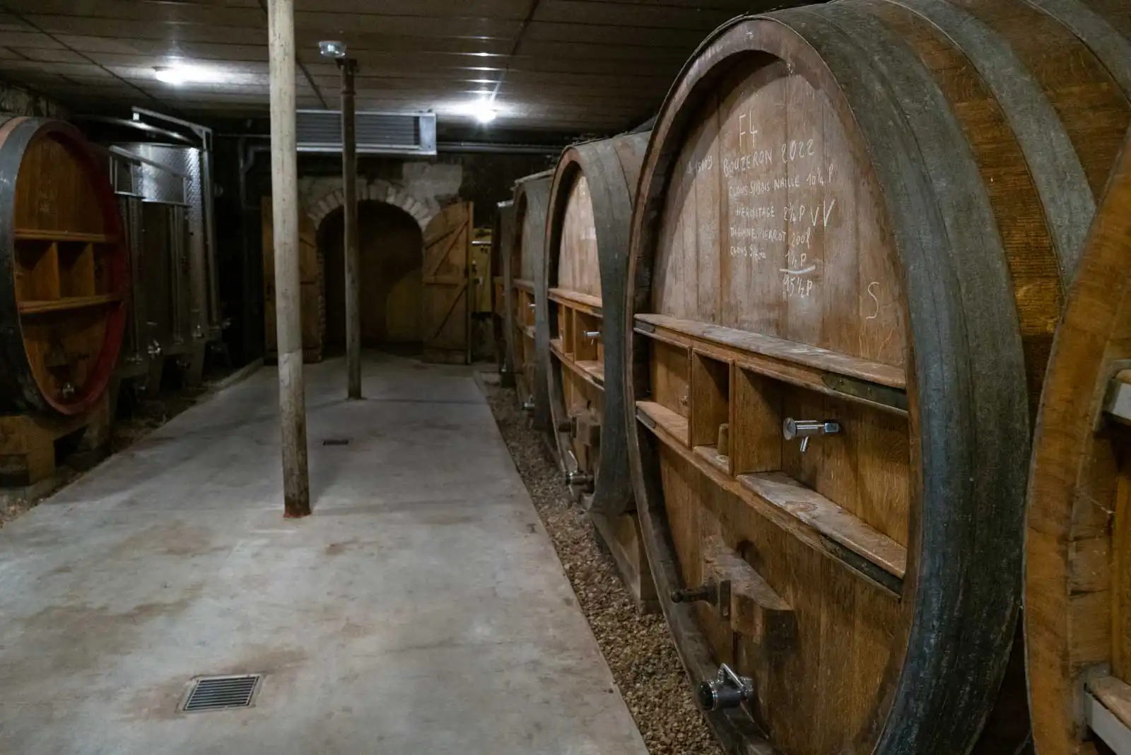 Oak foudres in the cellar at Domaine de Villaine