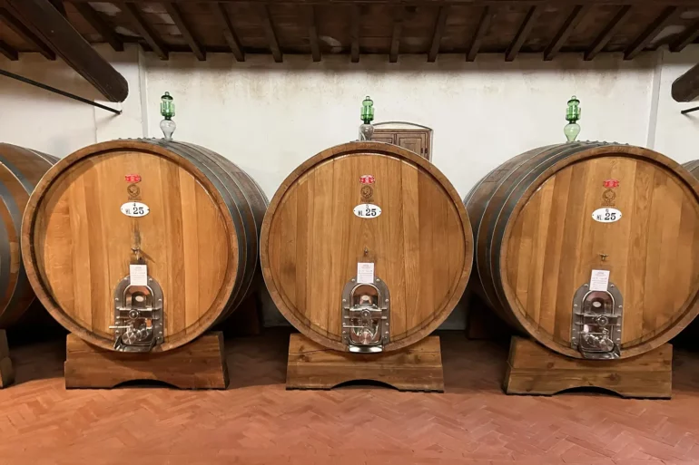 Large oak casks at Fontodi in Panzano, Italy.