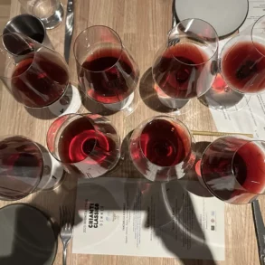 Eight glasses of Chianti Classico arrayed for a comparison tasting at Denver's Festa del Chianti Classico.