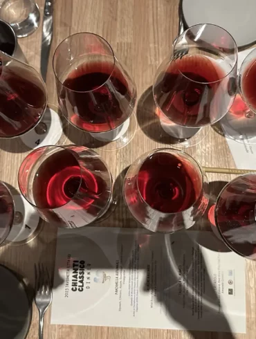 Eight glasses of Chianti Classico arrayed for a comparison tasting at Denver's Festa del Chianti Classico.