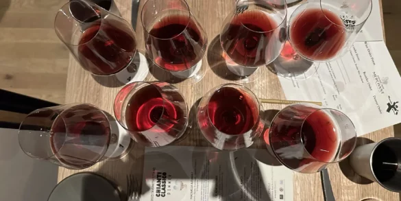 Eight glasses of Chianti Classico arrayed for a comparison tasting at Denver's Festa del Chianti Classico.