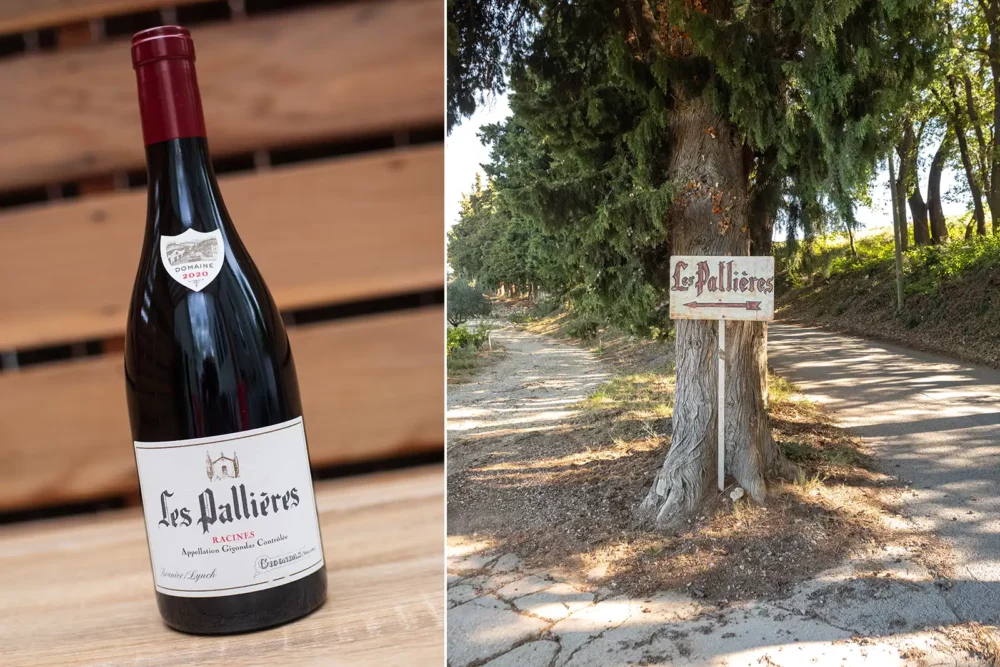 2020 Les Pallières "Racines" Gigondas and the sign outside the winery and vineyard