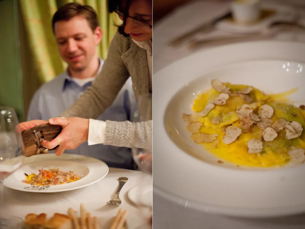 White truffles shaved on pasta in La Morra, Italy at Ristorante Bovio