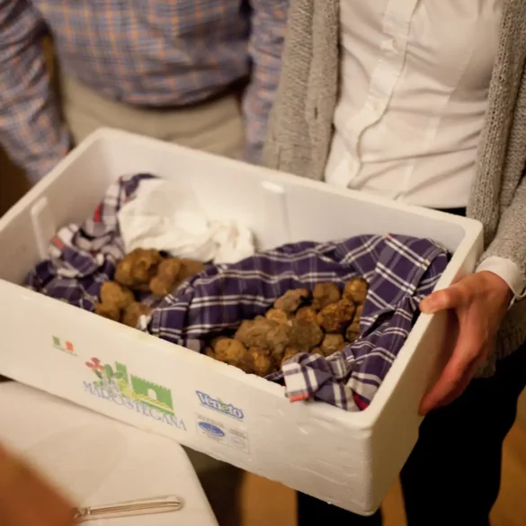 A box of white truffles is presented in the dining room of Ristorante Bovio in La Morra, Italy, October 2012.