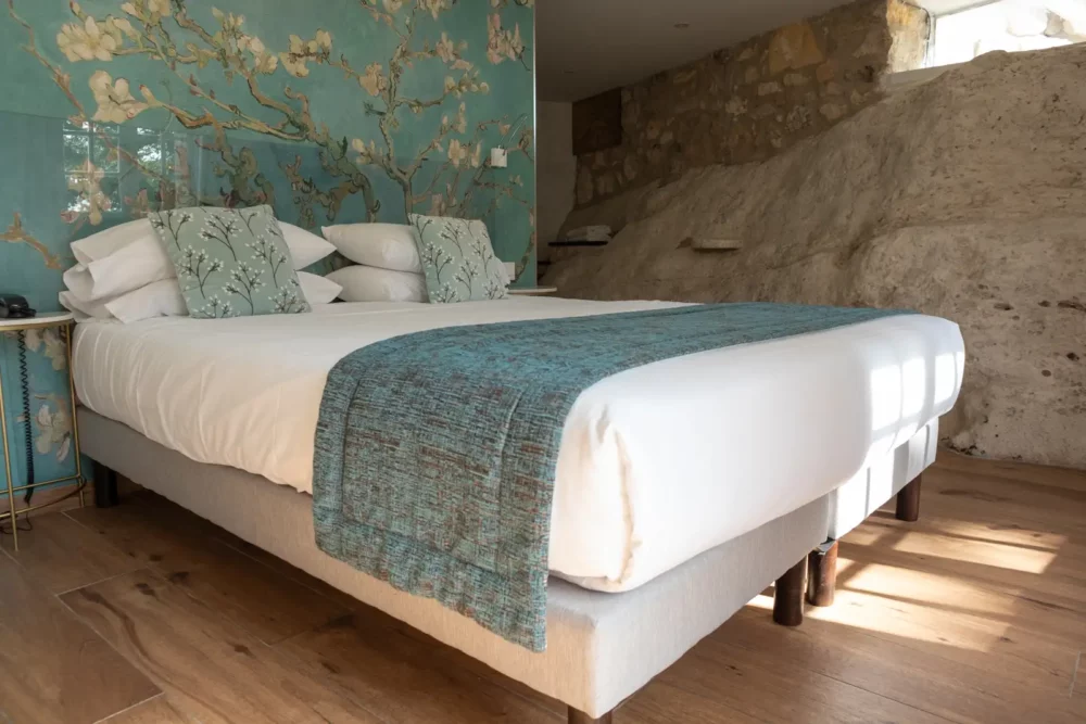 Queen bedroom in the Cave Room at Mas l'Aigret, Provence, France. 