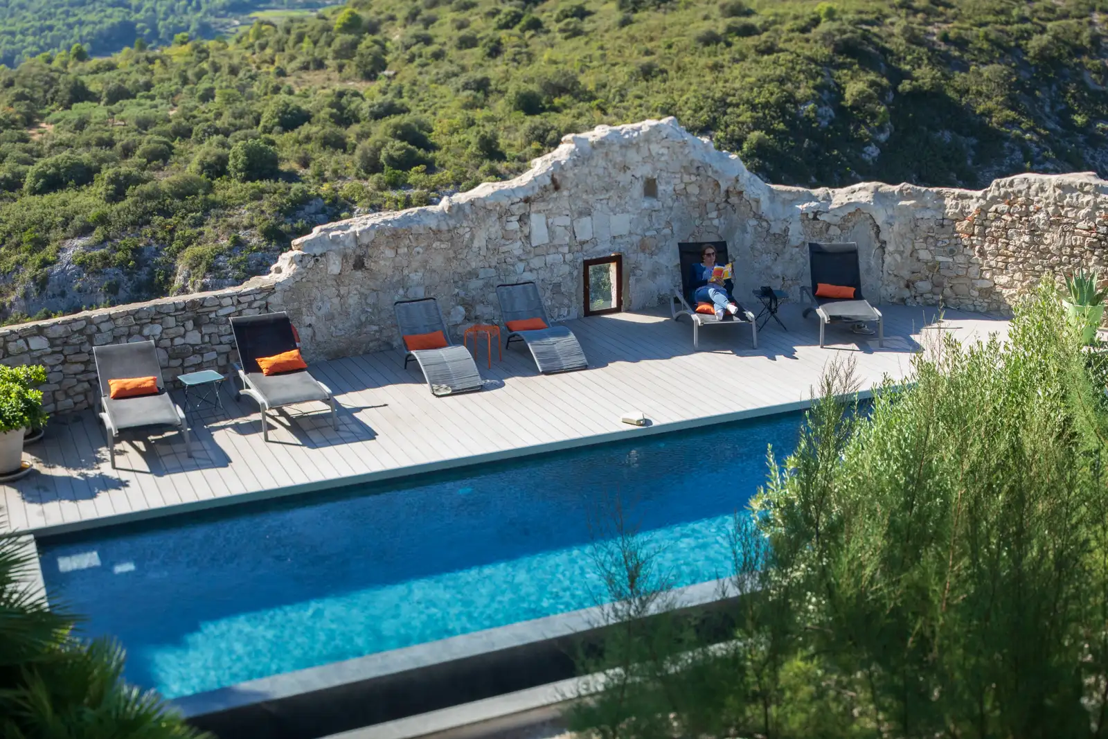 The swimming pool at Metafort, a small bed-and-breakfast in the remote Provence village of Méthamis, France