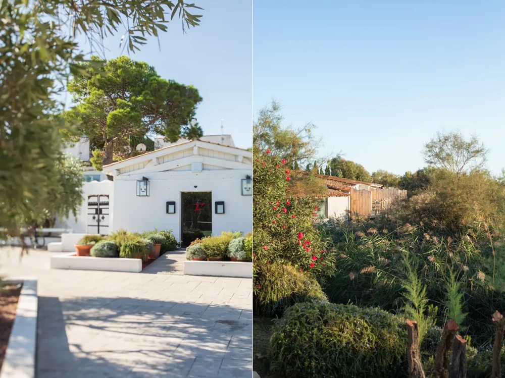 The entrance and bungalows of the Camargue-based hotel Mas de la Fouque