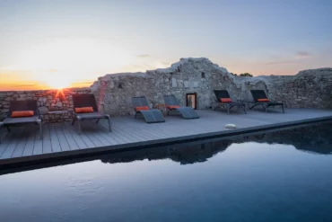 The swimming pool at Metafort, a Provence bed-and-breakfast inn located in the Vaucluse village of Méthamis, France.