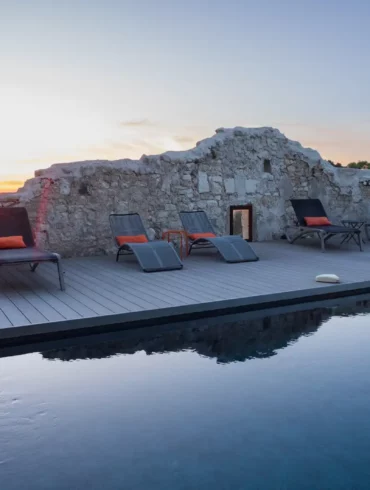 The swimming pool at Metafort, a Provence bed-and-breakfast inn located in the Vaucluse village of Méthamis, France.