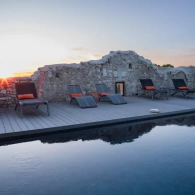 The swimming pool at Metafort, a Provence bed-and-breakfast inn located in the Vaucluse village of Méthamis, France.