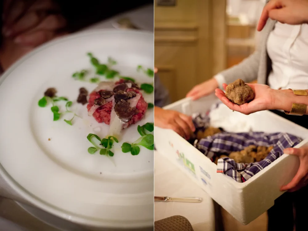 White truffles presented in the dining room of Ristorante Bovio and an appetizer of carpaccio