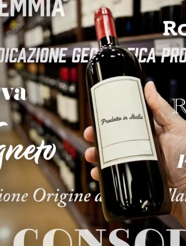 Italian wine label terms overlaid on an image of a blank wine bottle in a wine shop