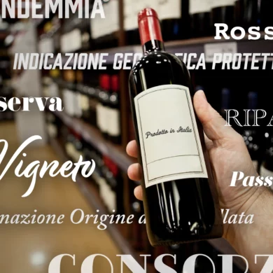 Italian wine label terms overlaid on an image of a blank wine bottle in a wine shop