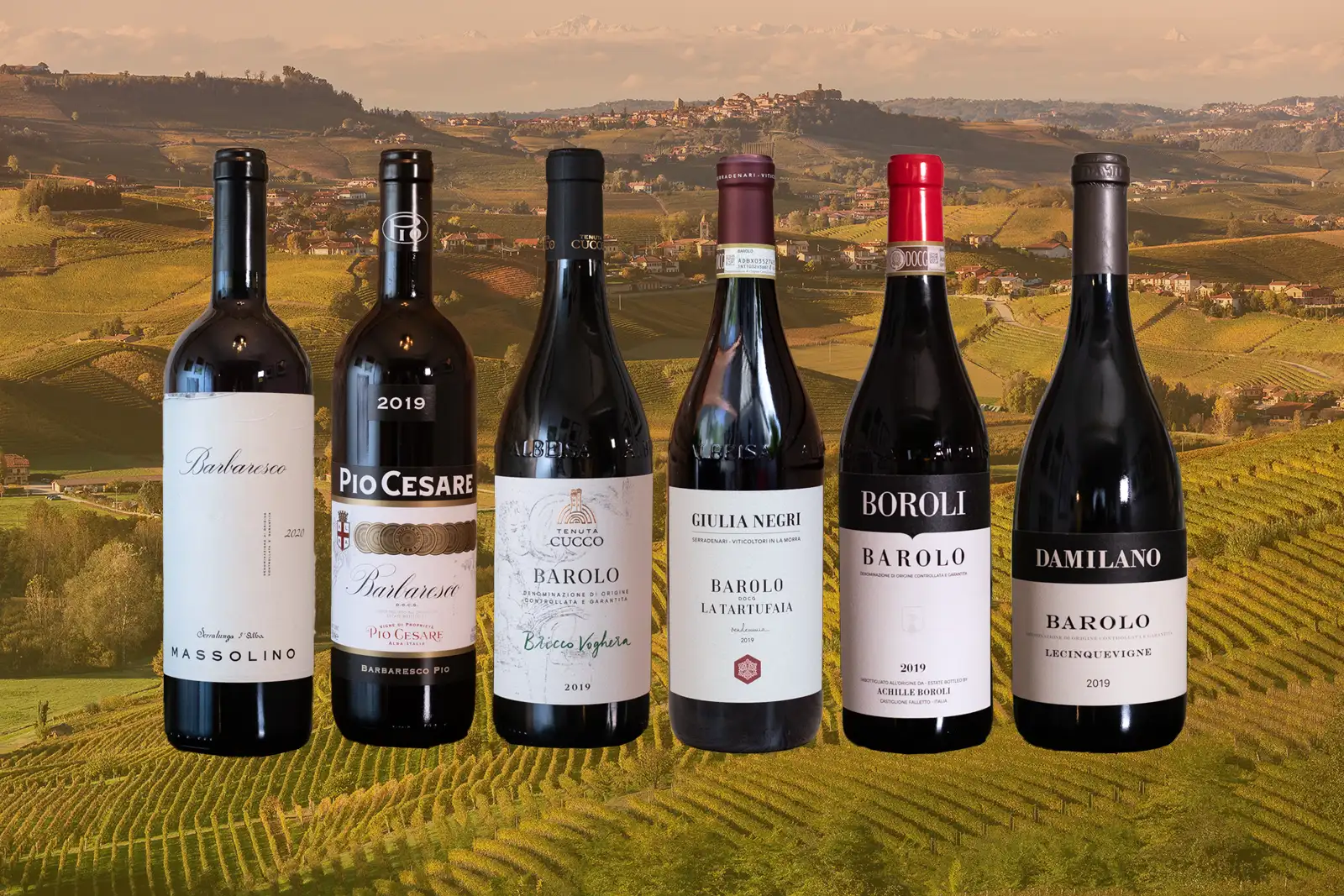 Six bottles of Barolo and Barbaresco wine super imposed over a photo of Serralunga d'Alba