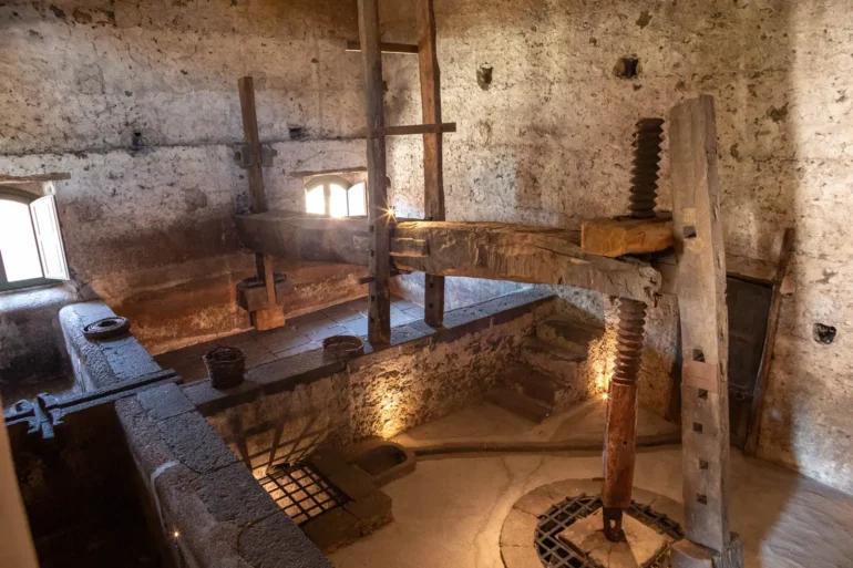 The interior of a palmento at Firriato on Mount Etna.