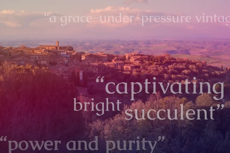 pink and purple treatment of Montalcino landscape in Tuscany, Italy with adjectives