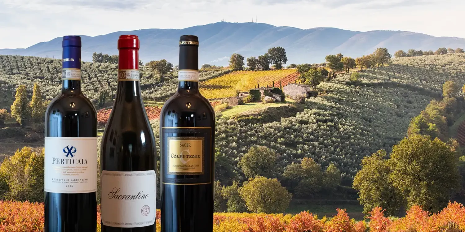 Three Montefalco Sagrantino wines superimposed over an Umbrian landscape