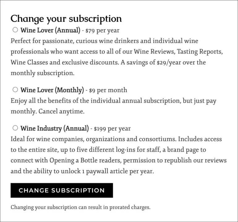 Select new subscription level