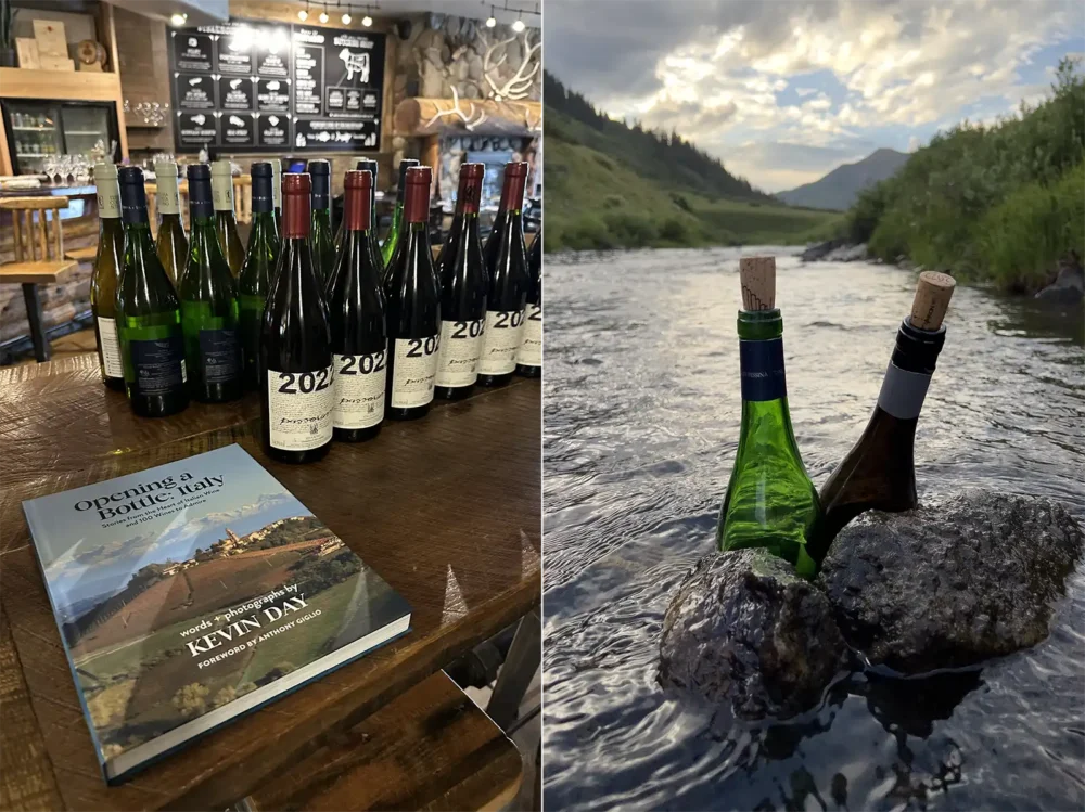 Opening a Bottle: Italy and wines of Mount Etna at the table in Crested Butte. Two bottles of Etna Bianco chilling in the East River.