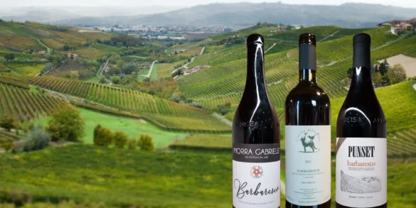 Three bottles of Barbaresco with an image of the Rabaja MGA vineyard