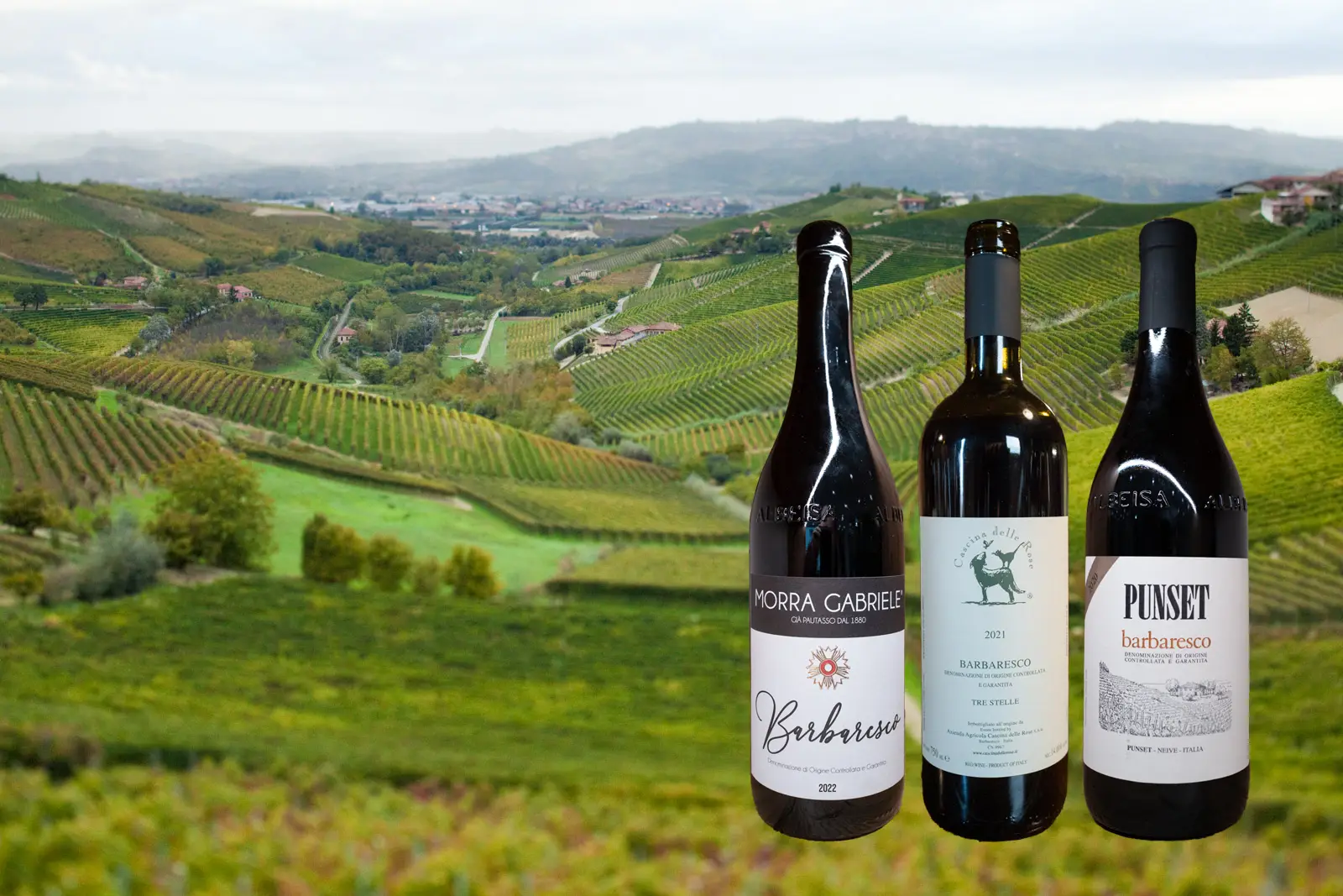 Three bottles of Barbaresco with an image of the Rabaja MGA vineyard