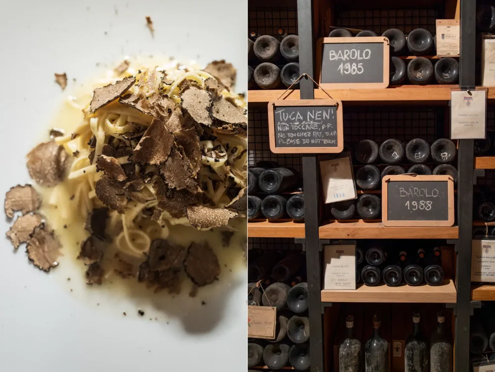 Black truffle pasta and wine bottles in the cellar of Bartolo Mascarello.