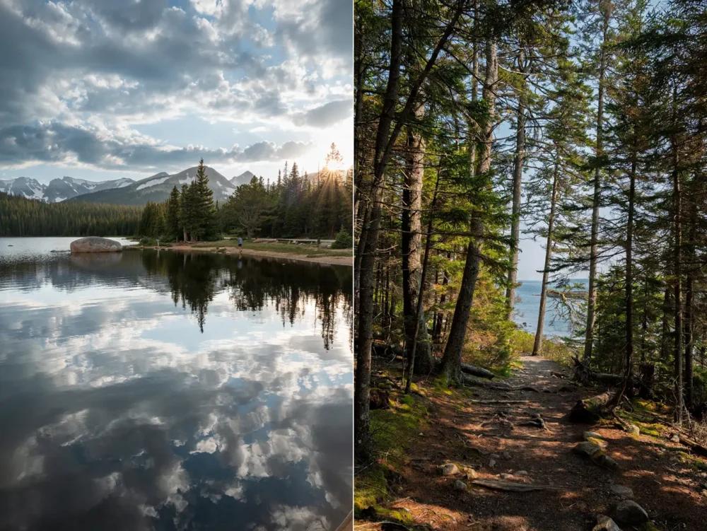 Sunset over Brainard Lake and the Indian Peaks Wilderness near Nederland, Colorado. A forest hiking trail in Acadia National Park, Maine.