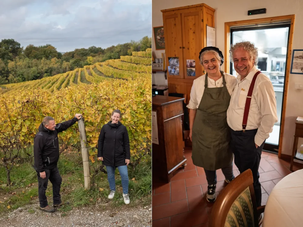 Winemakers Damijan Podversic and Tamara Podversic in their vineyards. At Ristorante Albergaccio in Castellina in Chianti.
