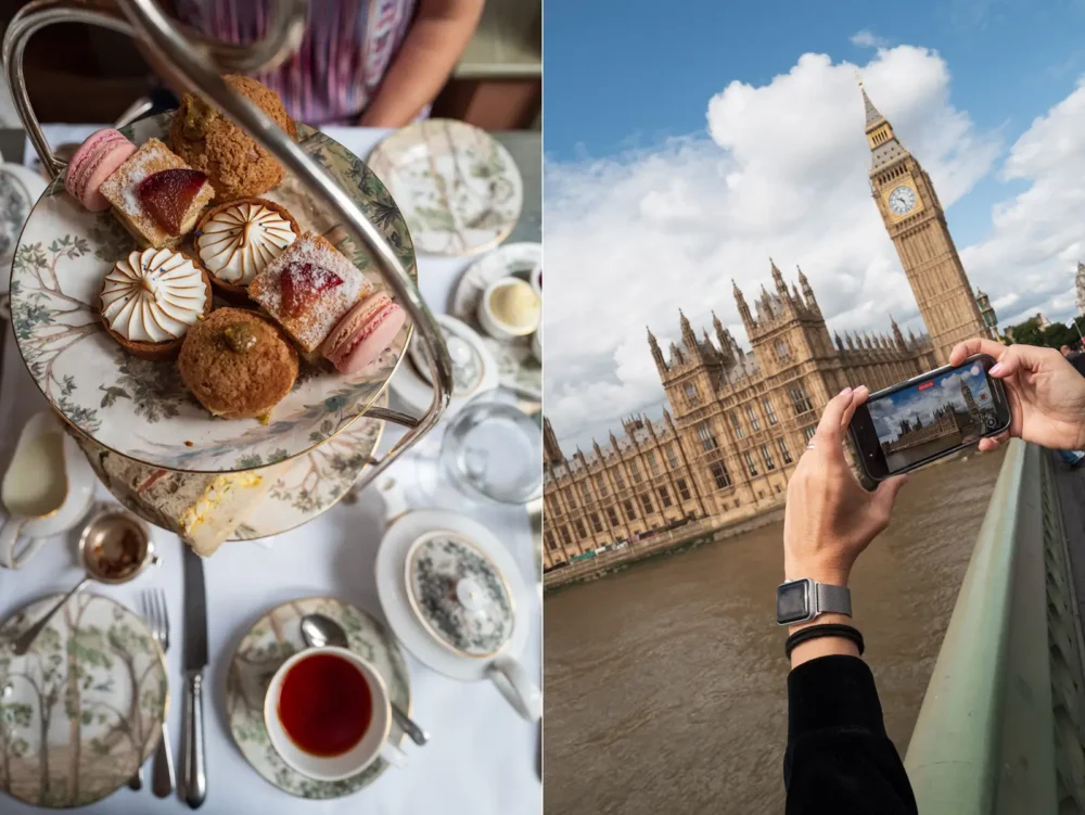Afternoon tea, patisserie, scones, English tea; person photographing Big Ben with an iPhone.