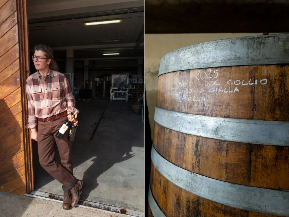 Winemaker Jannis Paraschos and one of his large oak barrels at the Collio winery Paraschos