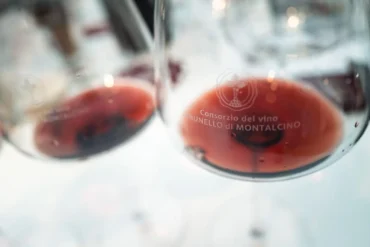 Two red wine glasses with Brunello di Montalcino wines in them.