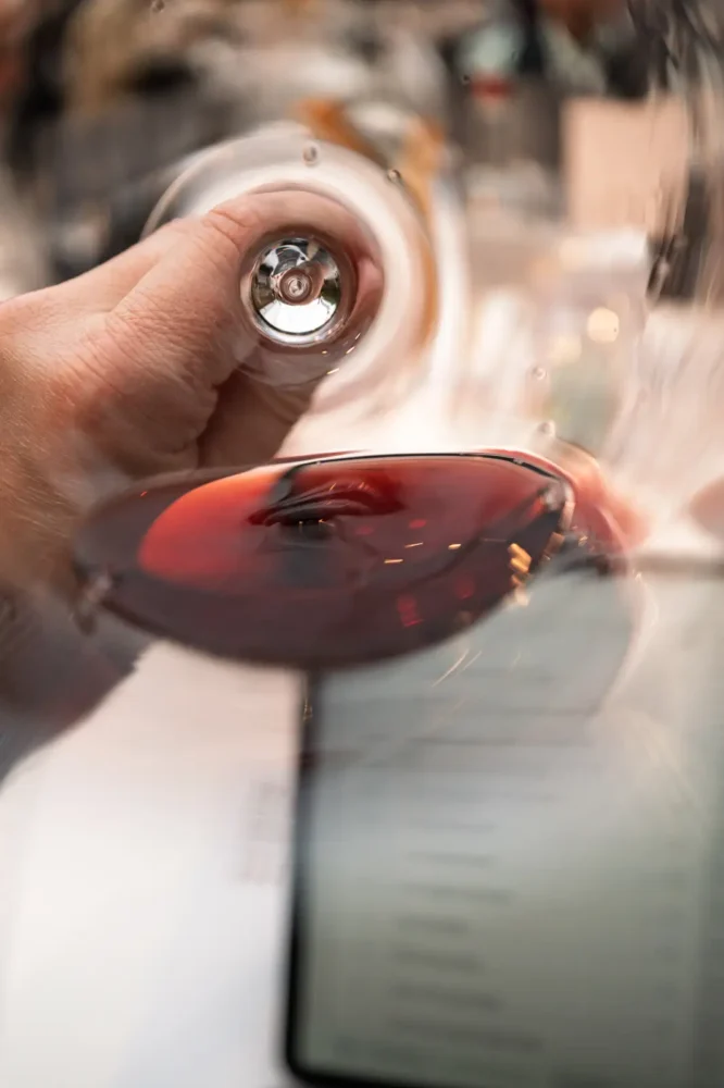 Brunello di Montalcino wine in the glass at a wine tasting in Montalcino.