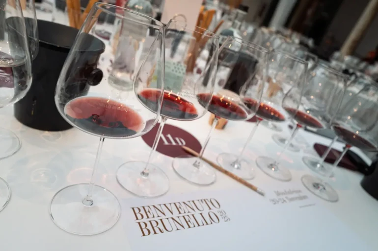 Six glasses of Brunello di Montalcino Riserva for wine tasting