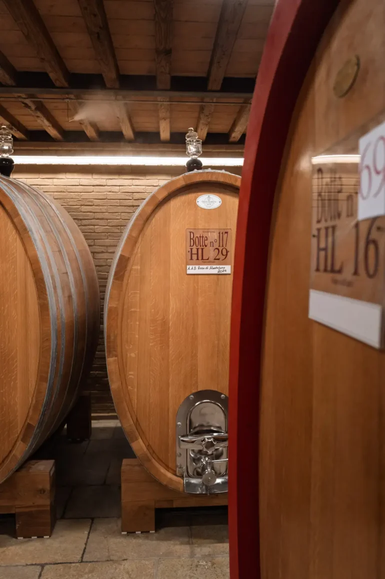 Barrel room at Mastrojanni winery in the Montalcino region of Tuscany.