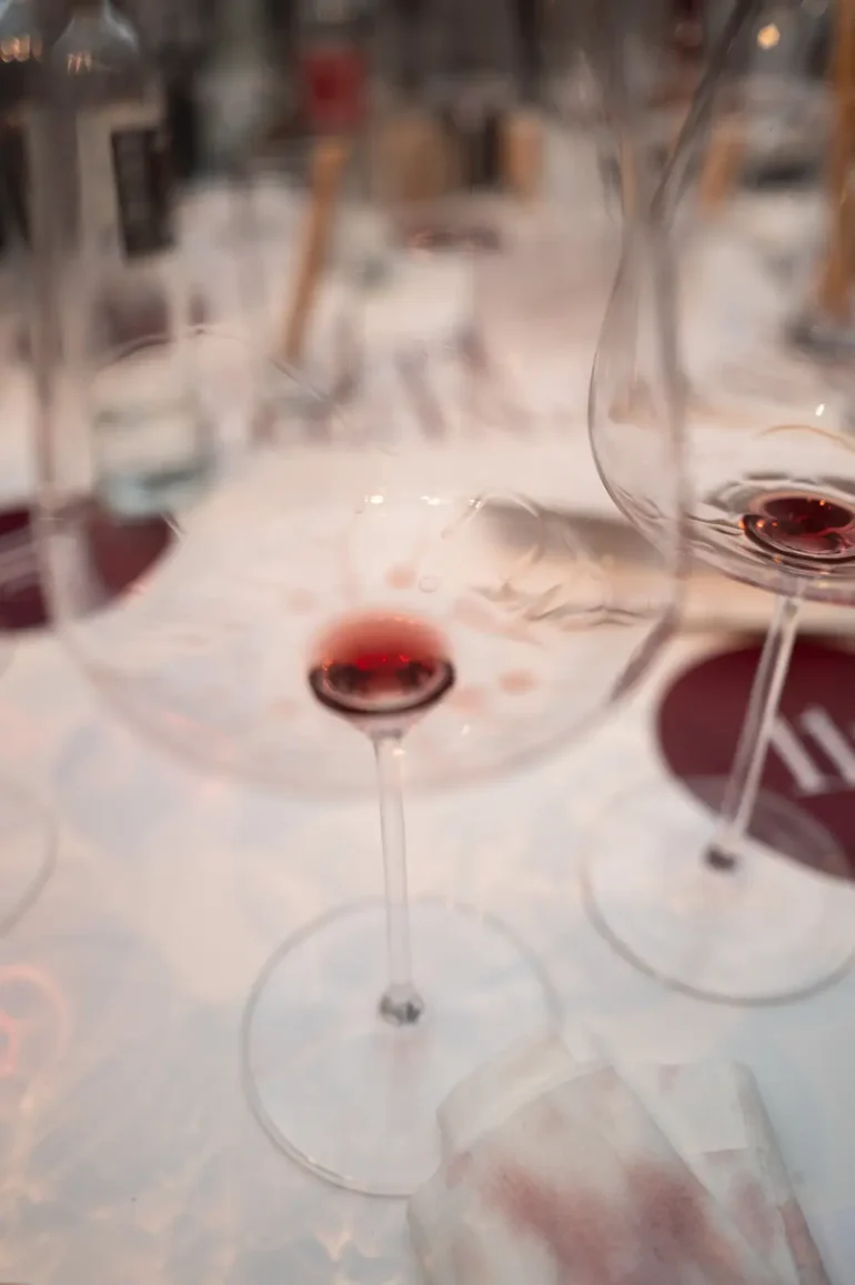 Stained empty wine glass that once held Brunello di Montalcino wine.