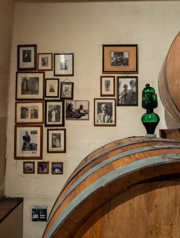 Family photos in picture frames on the wall of the cellar at Donatella Cinelli Colombini.