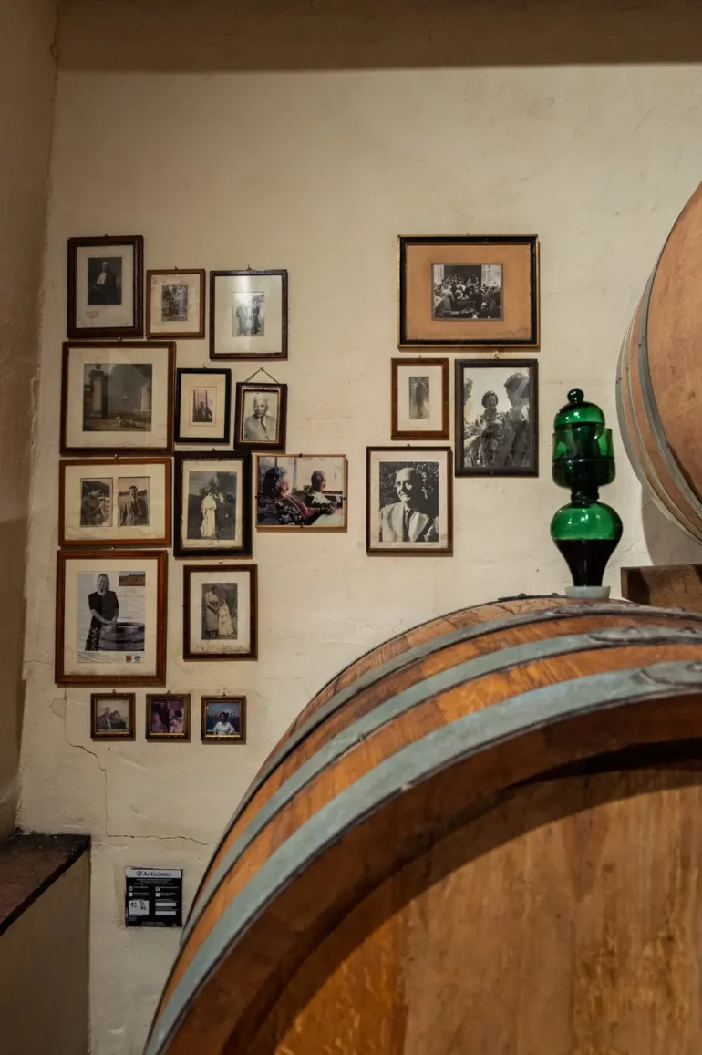 Family photos in picture frames on the wall of the cellar at Donatella Cinelli Colombini.