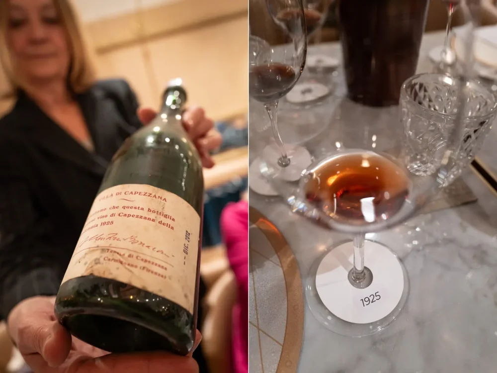 1925 Capezzana wine being tasted in 2025