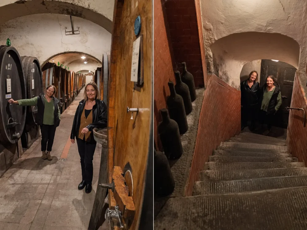 Benedetta Contini Bonacossi and her sister Beatrice Contini Bonacossi in Tenuta di Capezzana’s cellar.