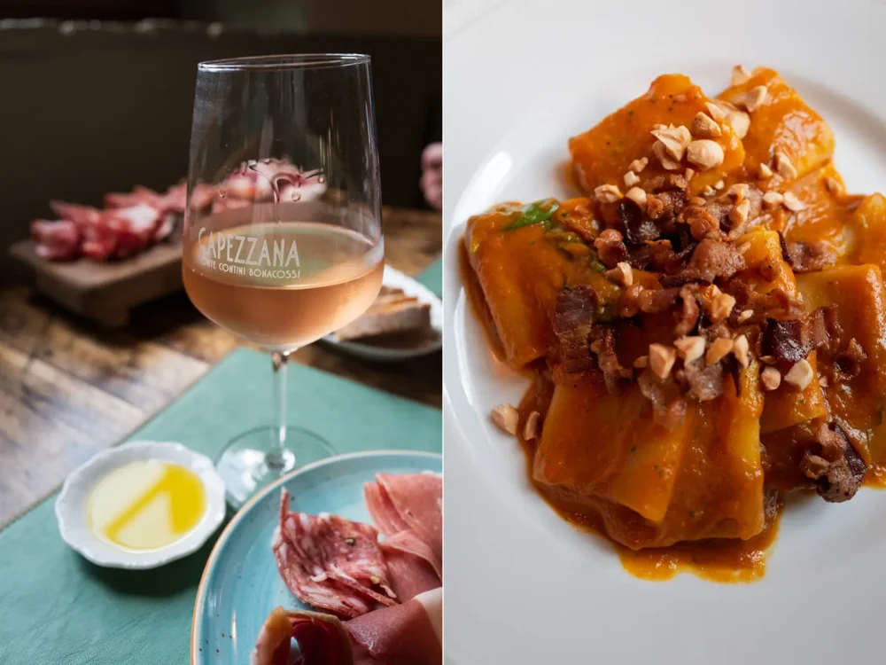 Rose and food being served at Tenuta di Capezzana