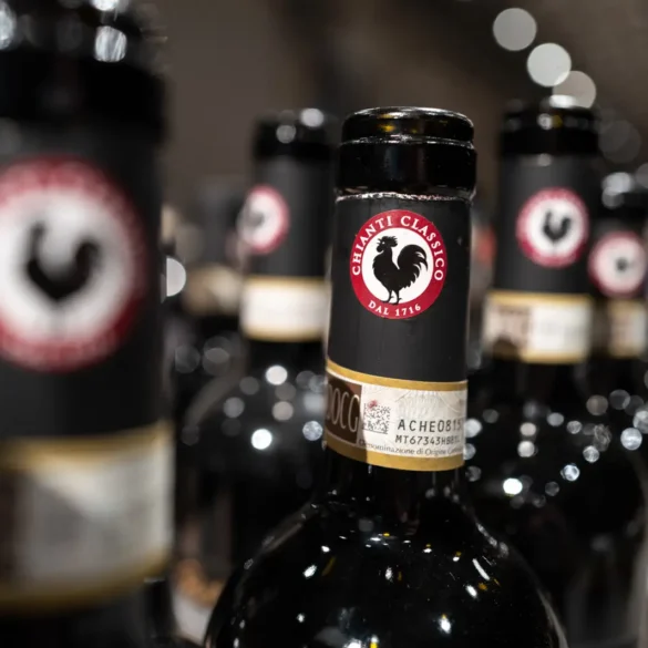 Numerous bottles of Chianti Classico wine with the prominent Black Rooster logo visible