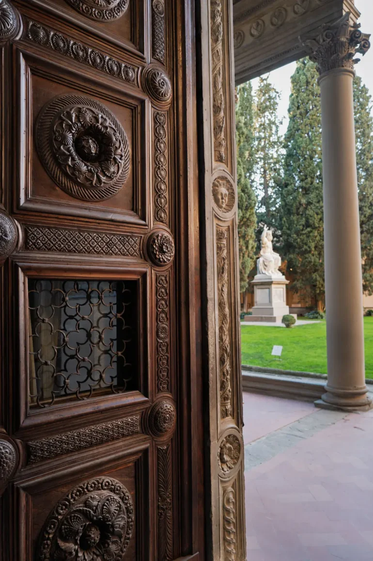 The ornate door to the Cappella Pazzi at Basilica di Santa Croce in Florence, Italy