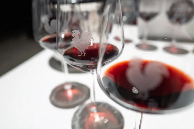 The Black Rooster (Gallo Nero) logo on stemware at the Chianti Classico Collection tasting