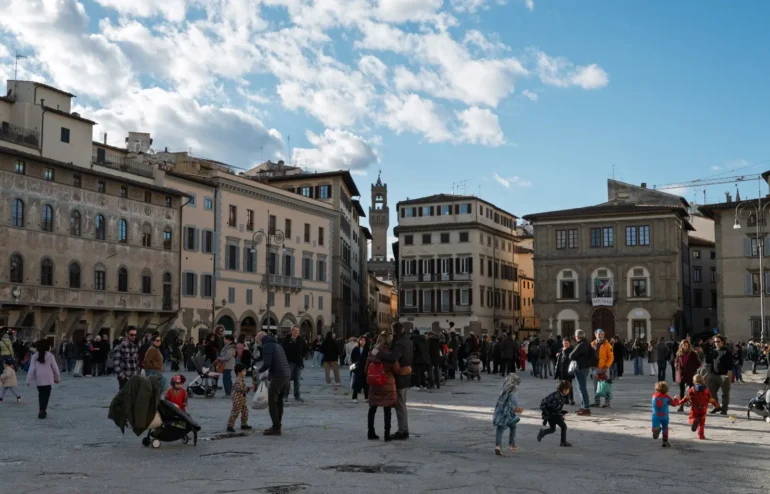 Afternoon scene at Piazza Santa Croce in Florence, Italy.