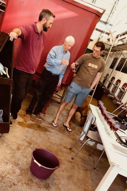 Tasting and learning with Alec, Jacques and Jeremy Seysses (left to right) at Domaine Dujac. ©Ashley Hausman