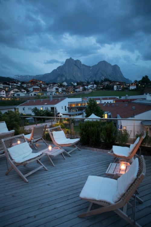 The Hotel Schgaguler patio with the mighty Schlern in the distance. ©Kevin Day/Opening a Bottle