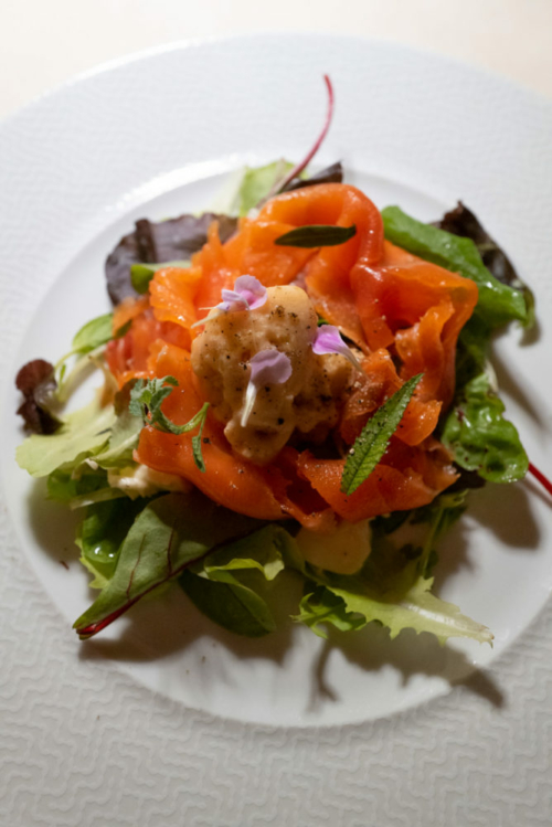 Smoked trout on salad with peach sorbet and mint at Ronchi Ro.