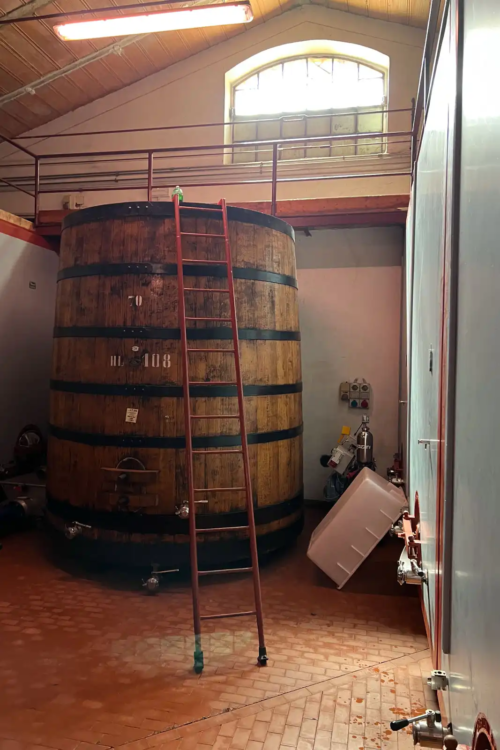 An old oak cask that is still used at the Brunello di Montalcino winery Biondi-Santi in Tuscany, Italy